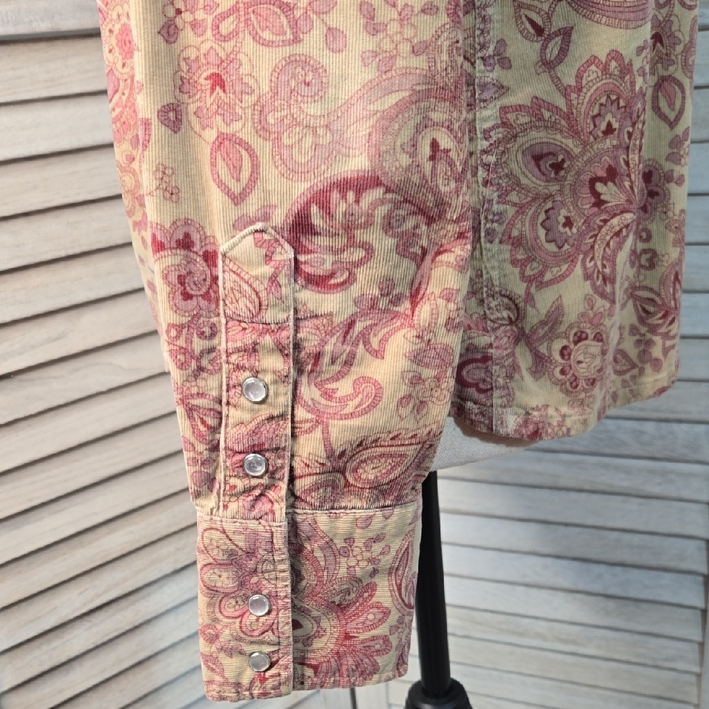 Levi Western Rodeo Corduroy Paisley Pearl-Snap Shirt in Pink and Tan Long Sleeve - Picture 6 of 12